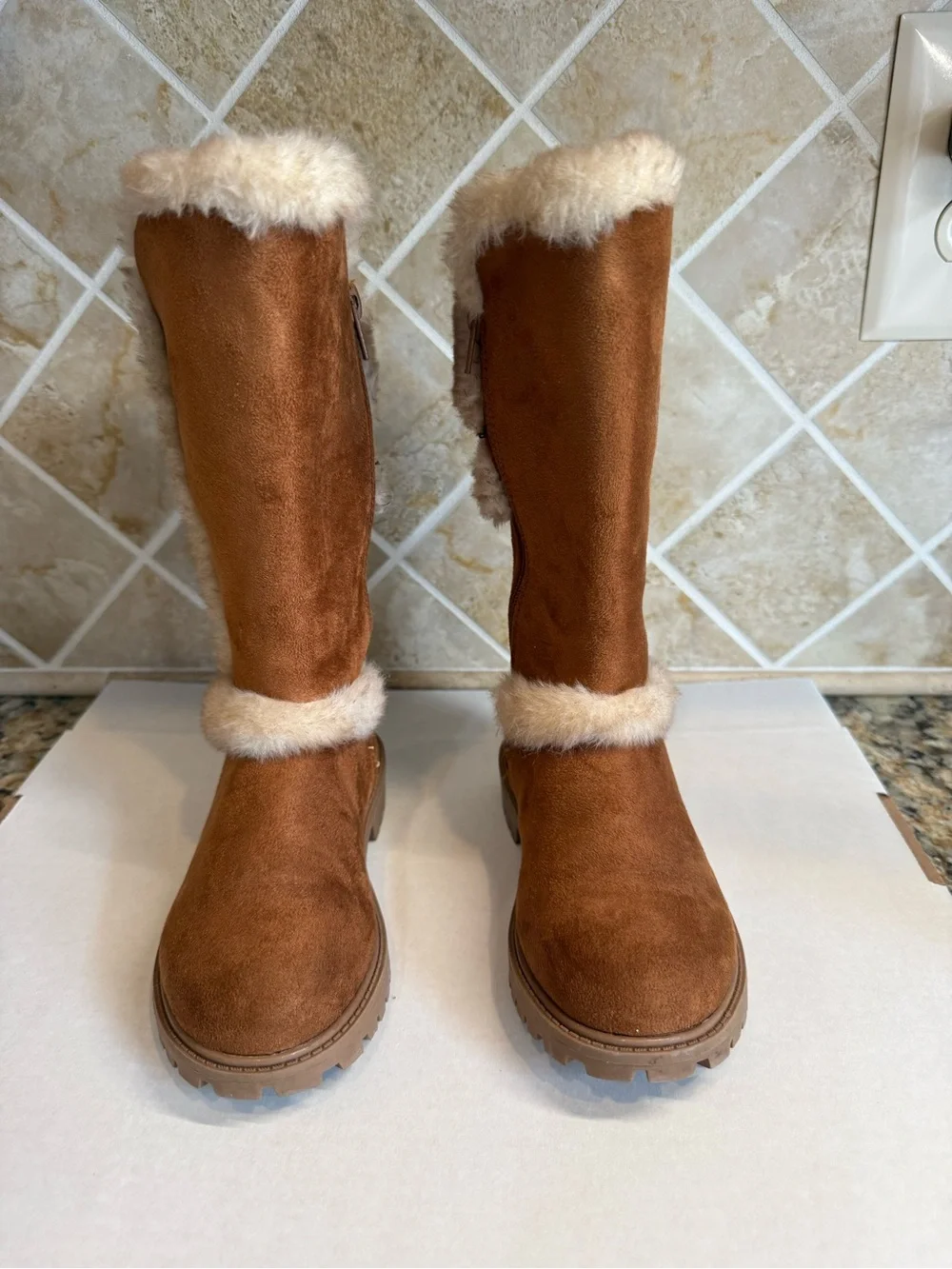 U.S. Polo Assn Girls Size 12C Brown Faux Fur Pom Pom Tall Winter Boots Zip